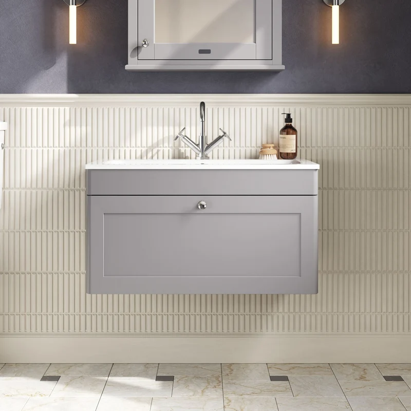 Classique 800mm Wall Hung 1 Drawer Vanity Unit With White Stone Basin - Satin Grey