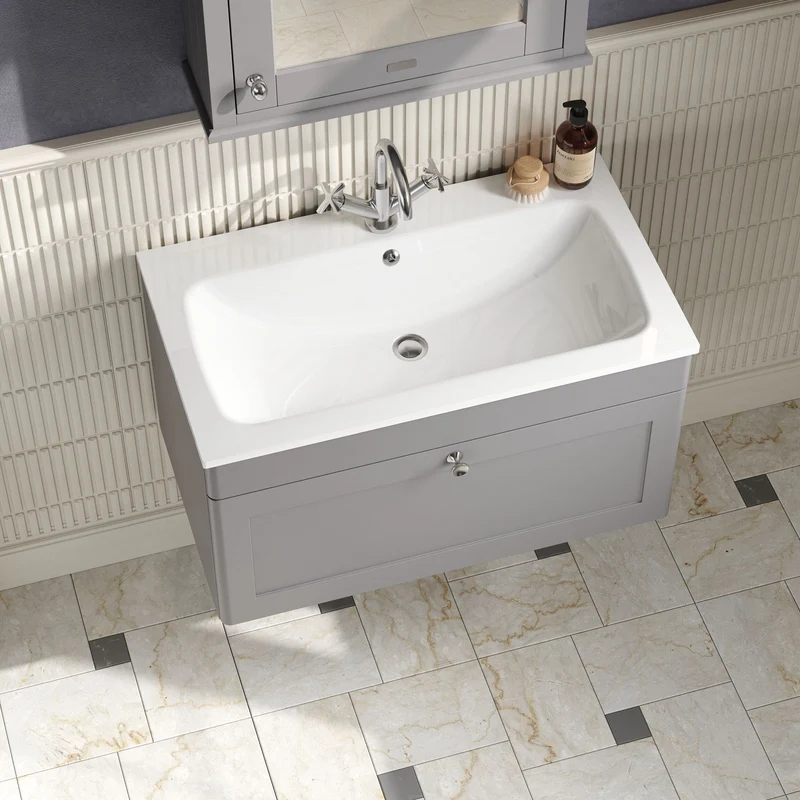Classique 800mm Wall Hung 1 Drawer Vanity Unit With White Stone Basin - Satin Grey