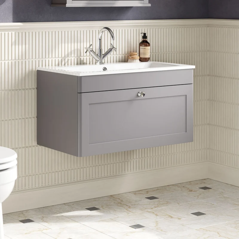 Classique 800mm Wall Hung 1 Drawer Vanity Unit With White Stone Basin - Satin Grey