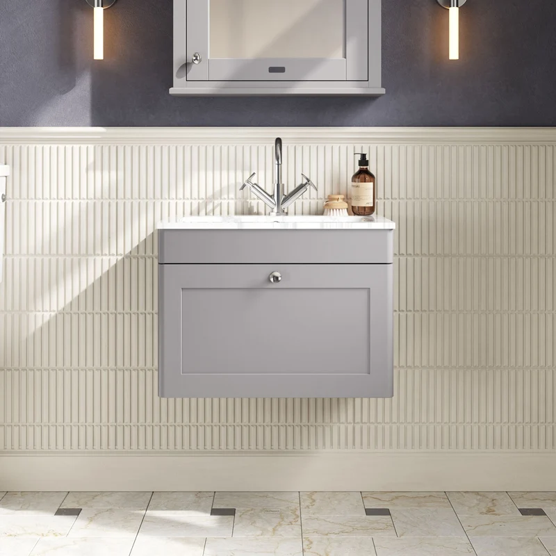 Classique 600mm Wall Hung 1 Drawer Vanity Unit With Marble Stone Basin - Satin Grey