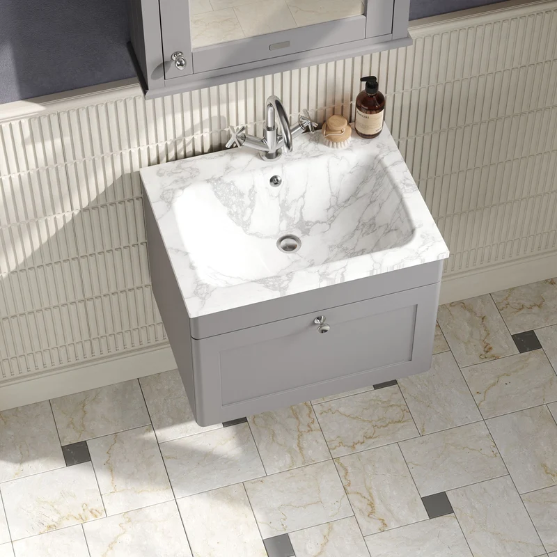 Classique 600mm Wall Hung 1 Drawer Vanity Unit With Marble Stone Basin - Satin Grey