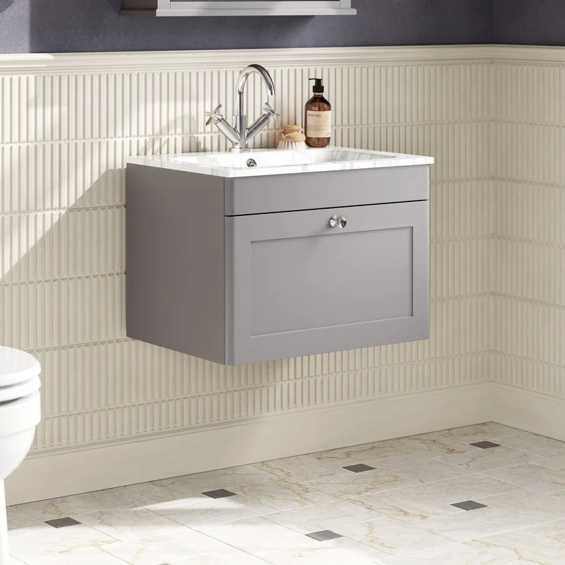 Classique 600mm Wall Hung 1 Drawer Vanity Unit With Marble Stone Basin - Satin Grey