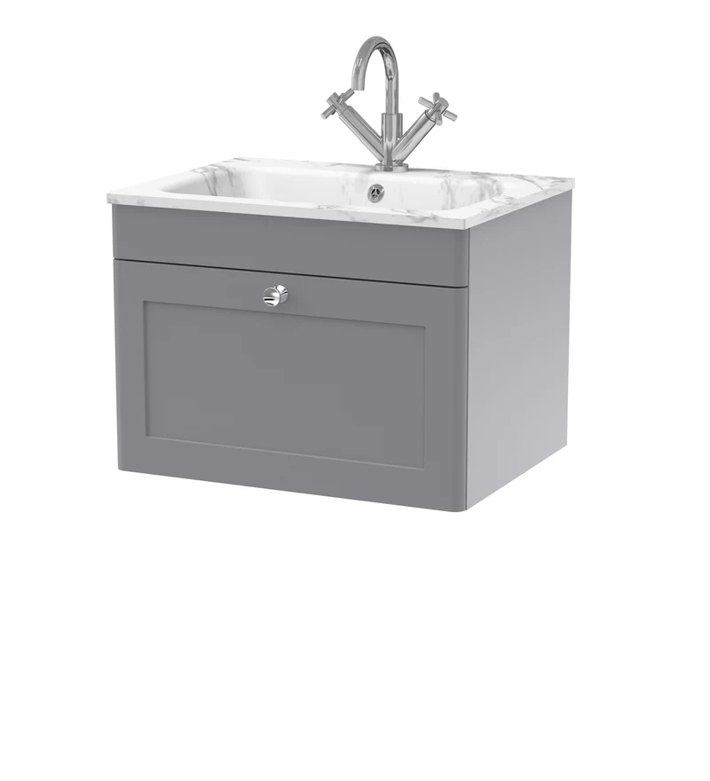 Classique 600mm Wall Hung 1 Drawer Vanity Unit With Marble Stone Basin - Satin Grey