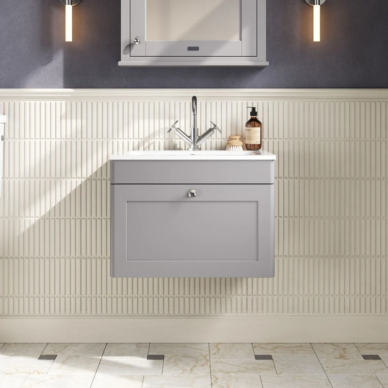 Classique 600mm Wall Hung 1 Drawer Vanity Unit With White Stone Basin - Satin Grey