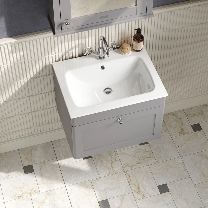 Classique 600mm Wall Hung 1 Drawer Vanity Unit With White Stone Basin - Satin Grey
