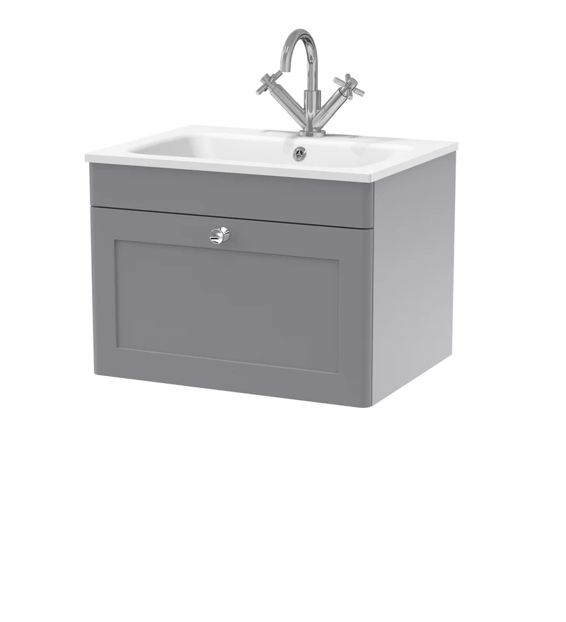 Classique 600mm Wall Hung 1 Drawer Vanity Unit With White Stone Basin - Satin Grey