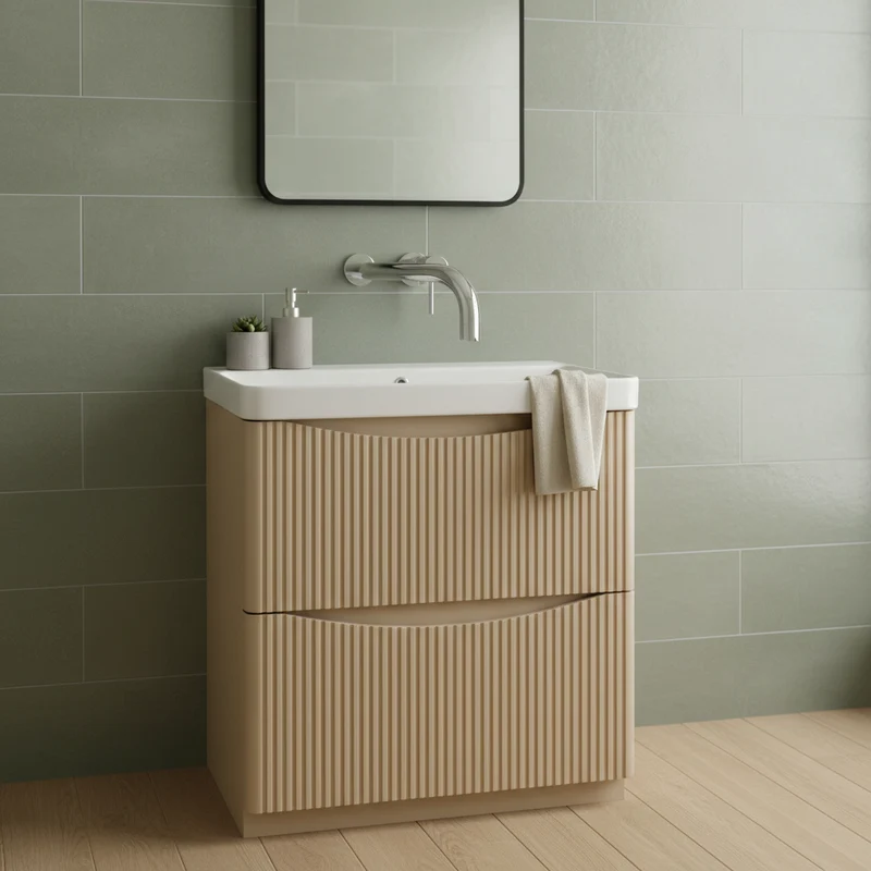 Happi Full Fluted 800mm Floor Standing Vanity Unit & Basin With No Tap Holes - Sand