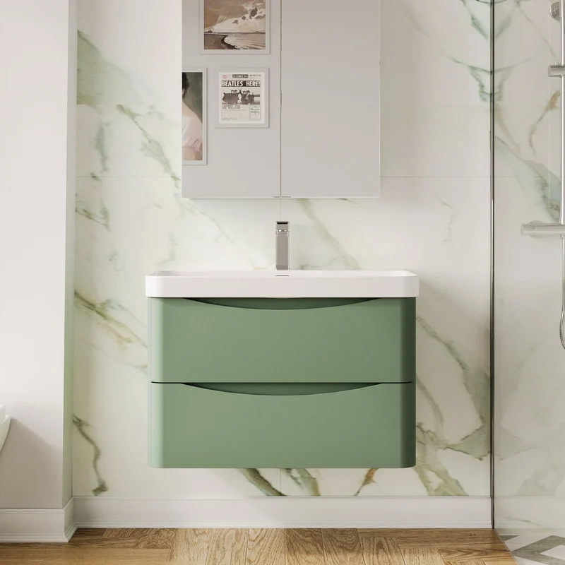 Lunar 800mm Wall Hung 2 Drawer Vanity & Thin Edge Ceramic Basin - Green Satin