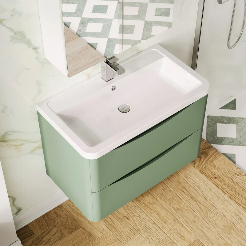 Lunar 800mm Wall Hung 2 Drawer Vanity & Thin Edge Ceramic Basin - Green Satin