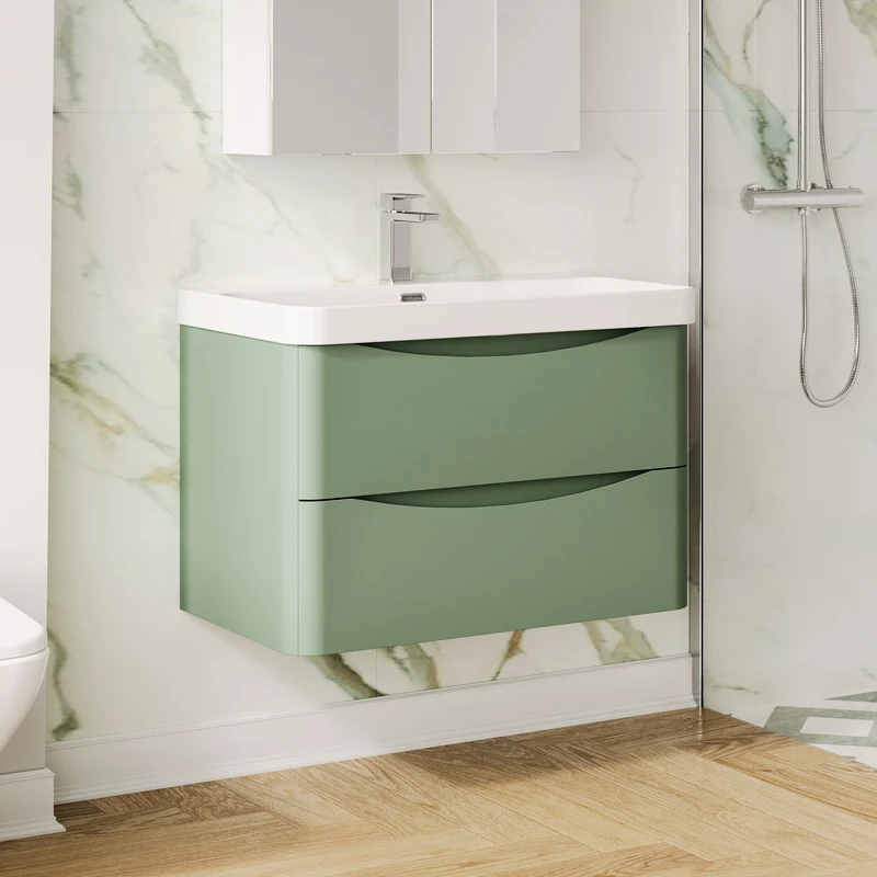 Lunar 800mm Wall Hung 2 Drawer Vanity & Thin Edge Ceramic Basin - Green Satin