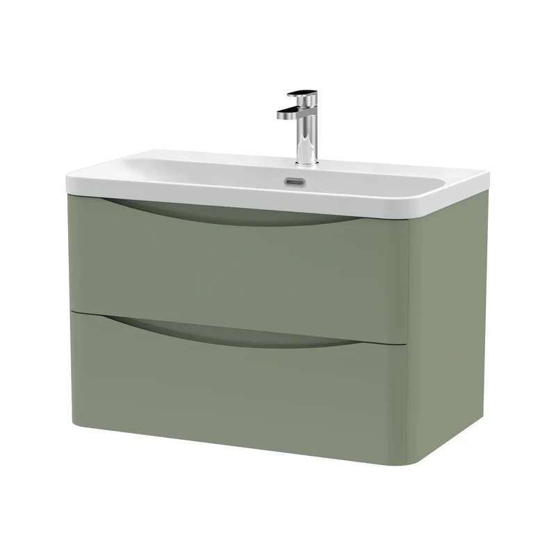 Lunar 800mm Wall Hung 2 Drawer Vanity & Thin Edge Ceramic Basin - Green Satin