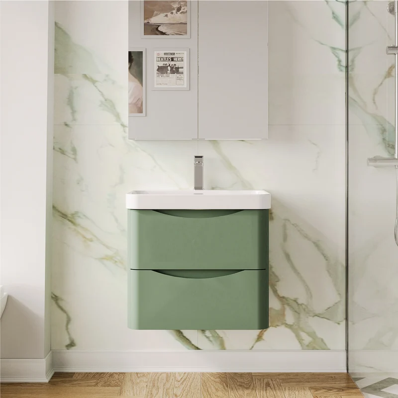 Lunar 600mm Wall Hung 2 Drawer Vanity & Thin Edge Ceramic Basin - Green Satin