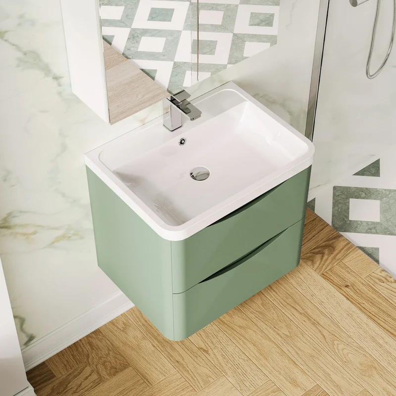 Lunar 600mm Wall Hung 2 Drawer Vanity & Thin Edge Ceramic Basin - Green Satin
