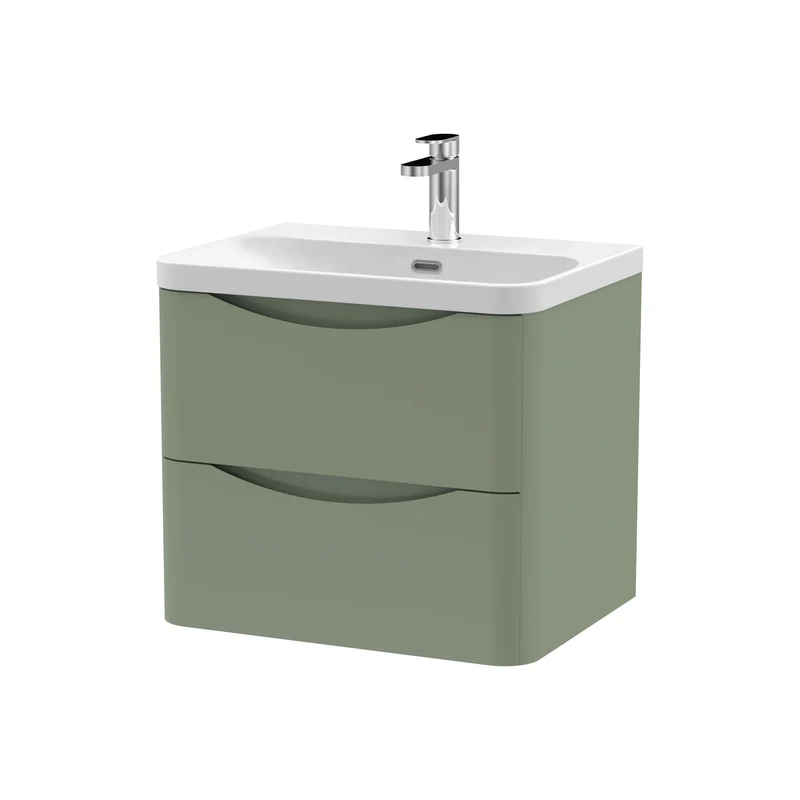 Lunar 600mm Wall Hung 2 Drawer Vanity & Thin Edge Ceramic Basin - Green Satin