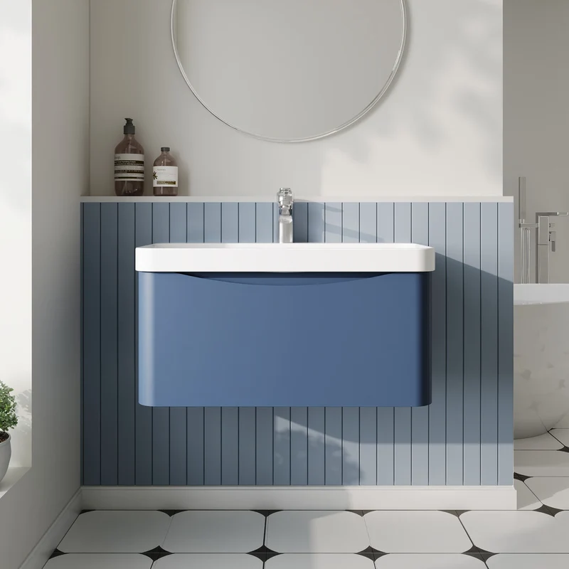 Lunar 800mm Wall Hung 1 Drawer Vanity & Thin Edge Ceramic Basin - Blue Satin