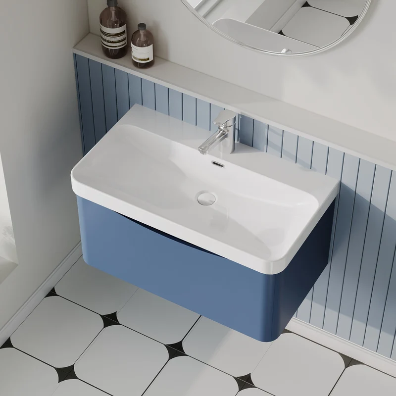 Lunar 800mm Wall Hung 1 Drawer Vanity & Thin Edge Ceramic Basin - Blue Satin