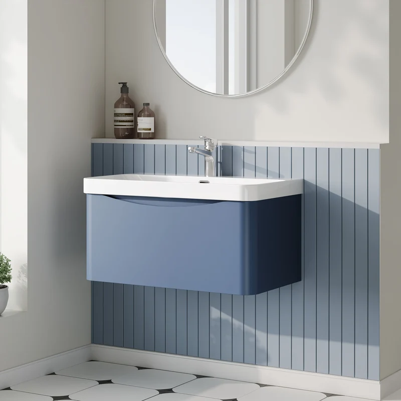 Lunar 800mm Wall Hung 1 Drawer Vanity & Thin Edge Ceramic Basin - Blue Satin