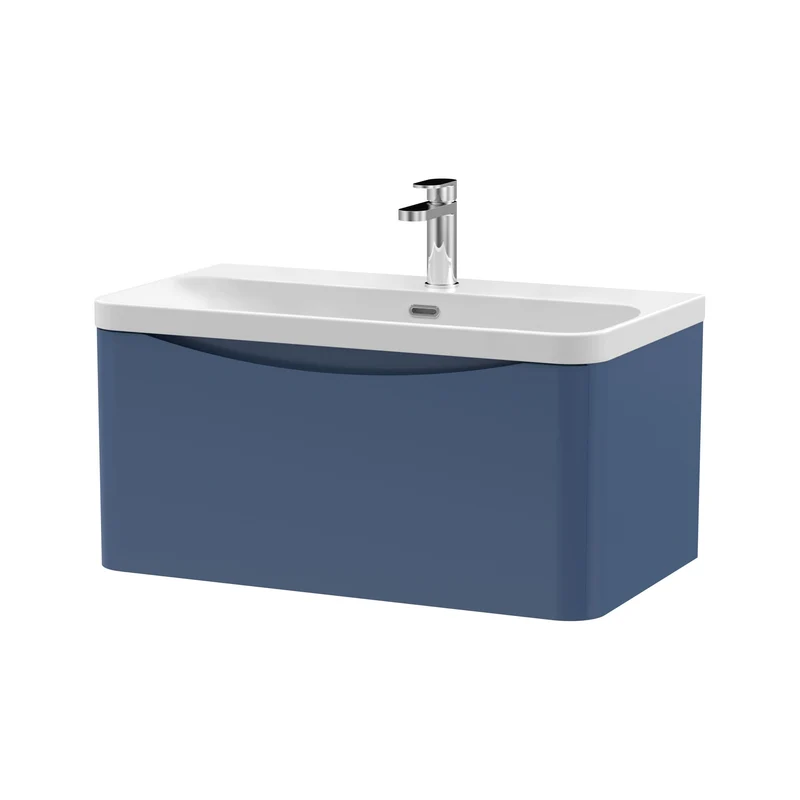 Lunar 800mm Wall Hung 1 Drawer Vanity & Thin Edge Ceramic Basin - Blue Satin