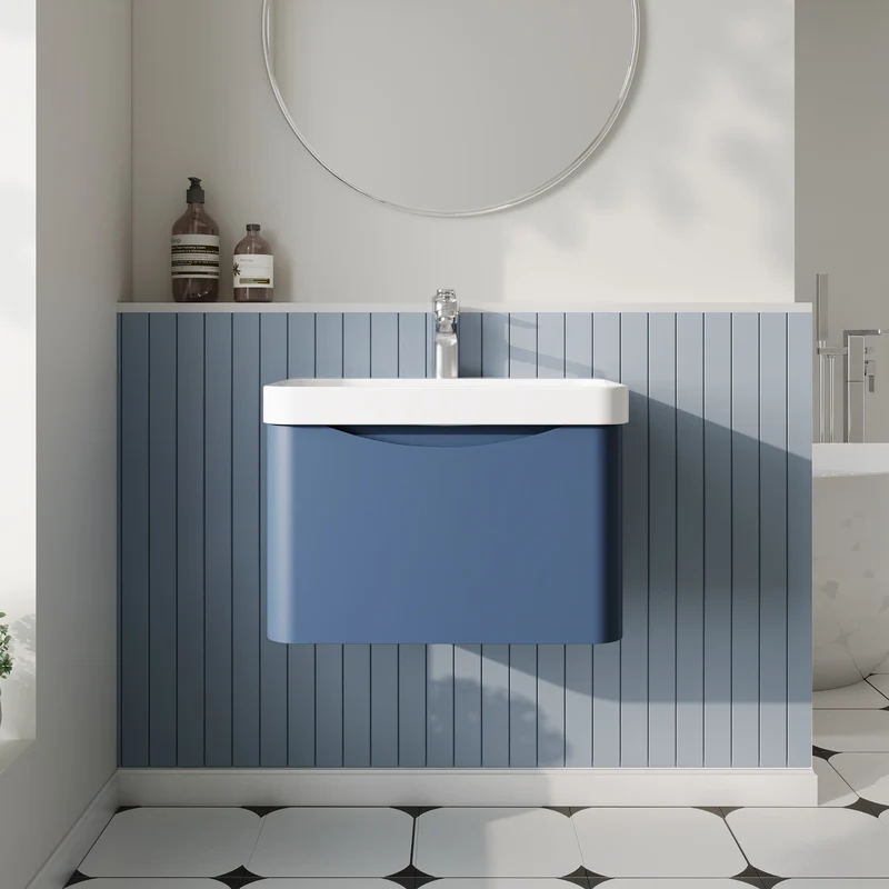 Lunar 600mm Wall Hung 1 Drawer Vanity & Thin Edge Ceramic Basin - Blue Satin