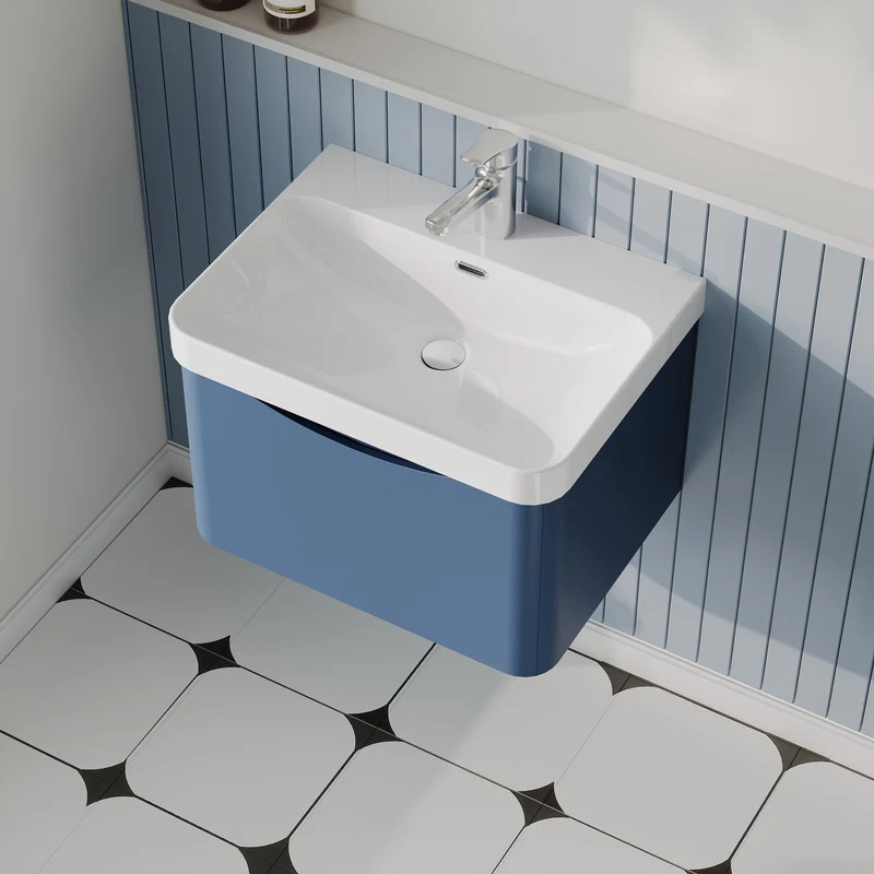 Lunar 600mm Wall Hung 1 Drawer Vanity & Thin Edge Ceramic Basin - Blue Satin