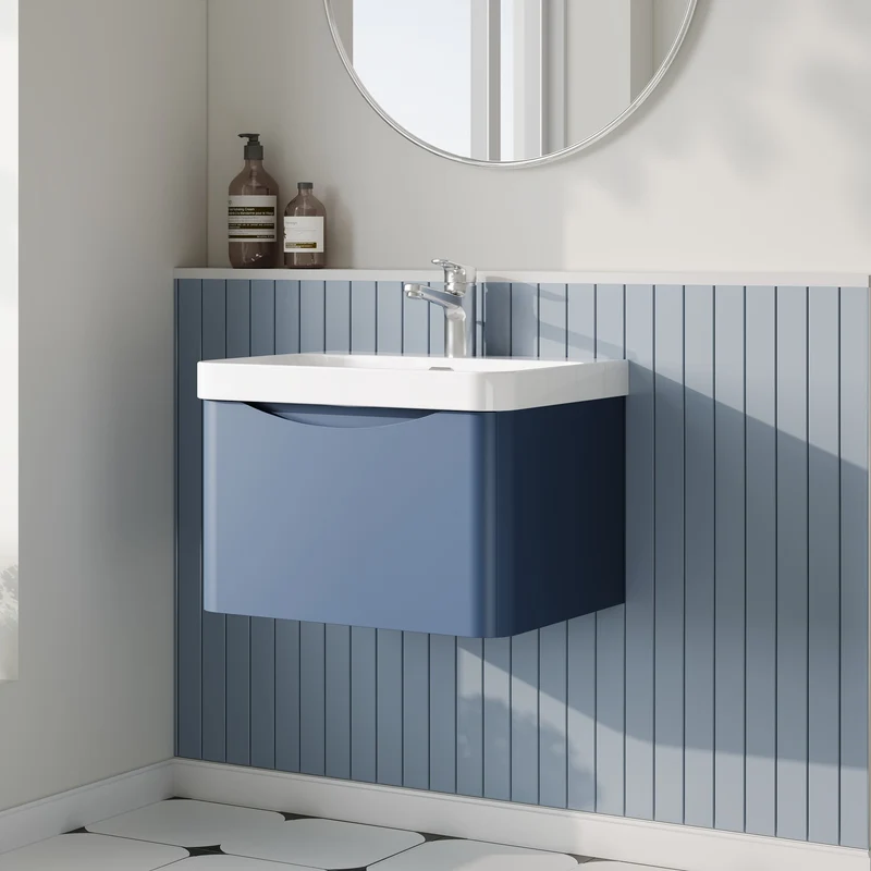 Lunar 600mm Wall Hung 1 Drawer Vanity & Thin Edge Ceramic Basin - Blue Satin