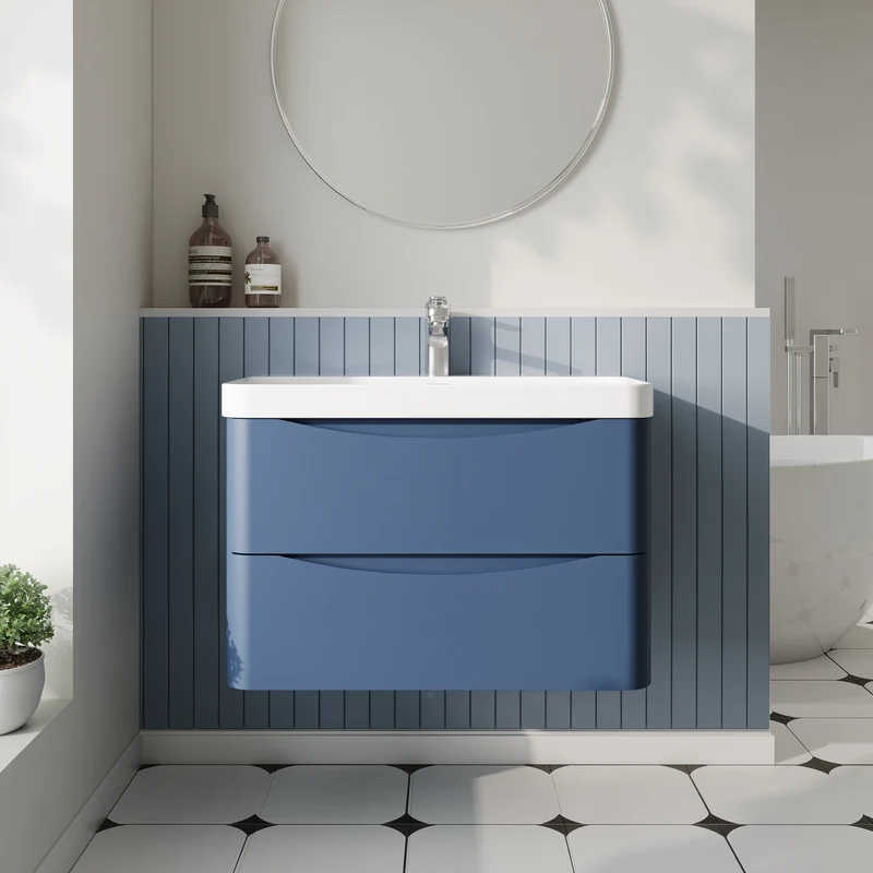 Lunar 800mm Wall Hung 2 Drawer Vanity & Thin Edge Ceramic Basin - Blue Satin