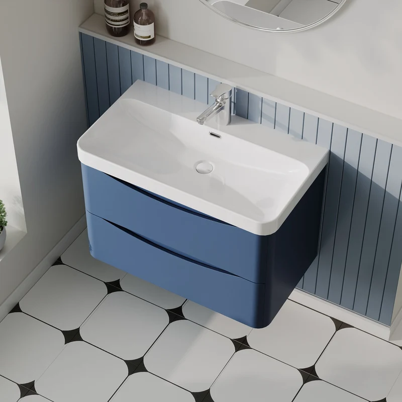 Lunar 800mm Wall Hung 2 Drawer Vanity & Thin Edge Ceramic Basin - Blue Satin
