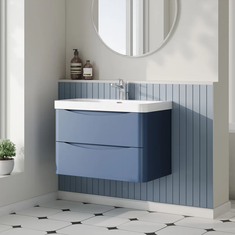 Lunar 800mm Wall Hung 2 Drawer Vanity & Thin Edge Ceramic Basin - Blue Satin