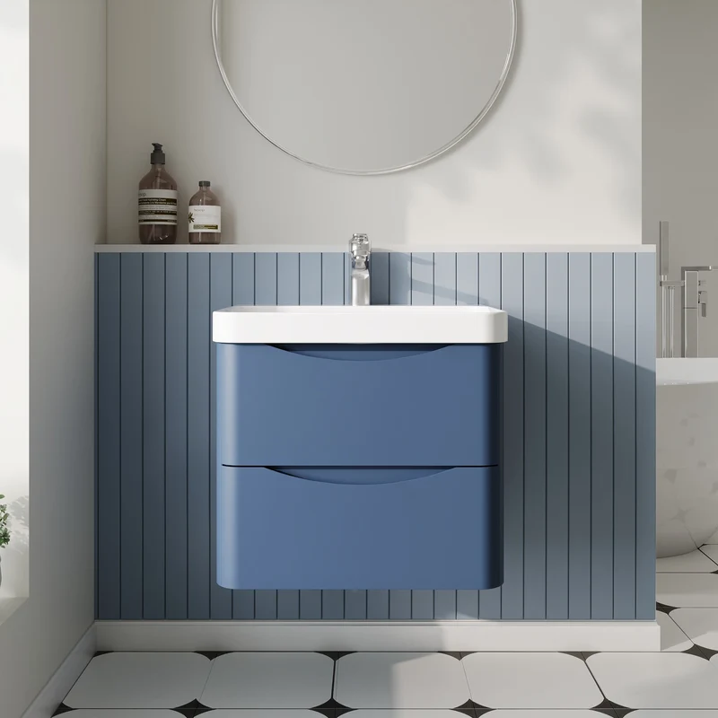 Lunar 600mm Wall Hung 2 Drawer Vanity & Thin Edge Ceramic Basin - Blue Satin