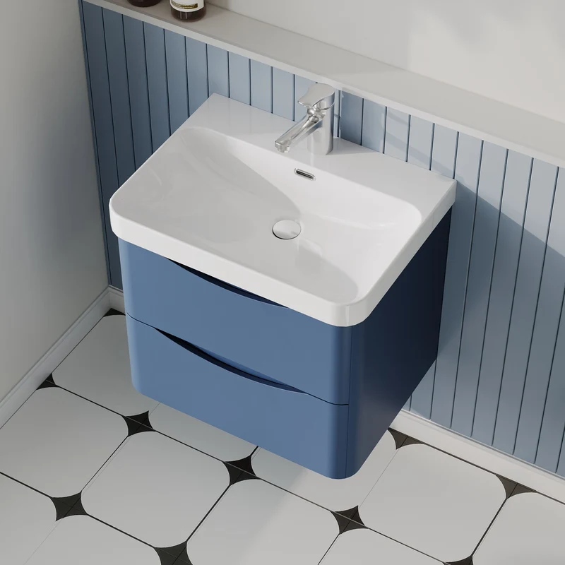Lunar 600mm Wall Hung 2 Drawer Vanity & Thin Edge Ceramic Basin - Blue Satin