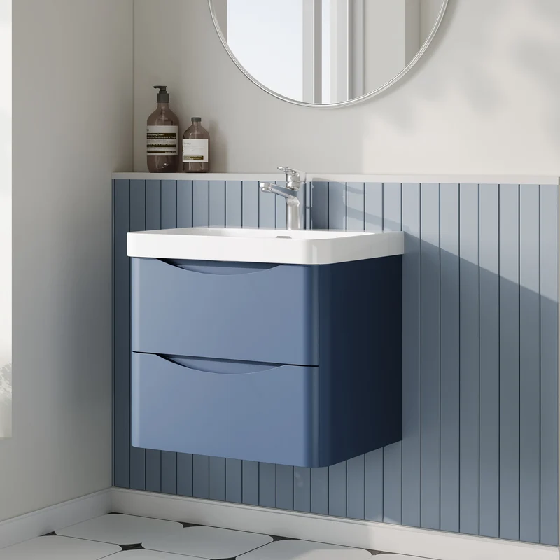 Lunar 600mm Wall Hung 2 Drawer Vanity & Thin Edge Ceramic Basin - Blue Satin