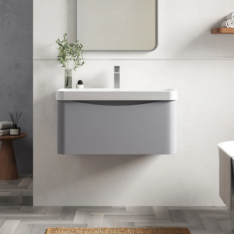 Lunar 800mm Wall Hung 1 Drawer Vanity & Thin Edge Ceramic Basin - Grey Satin