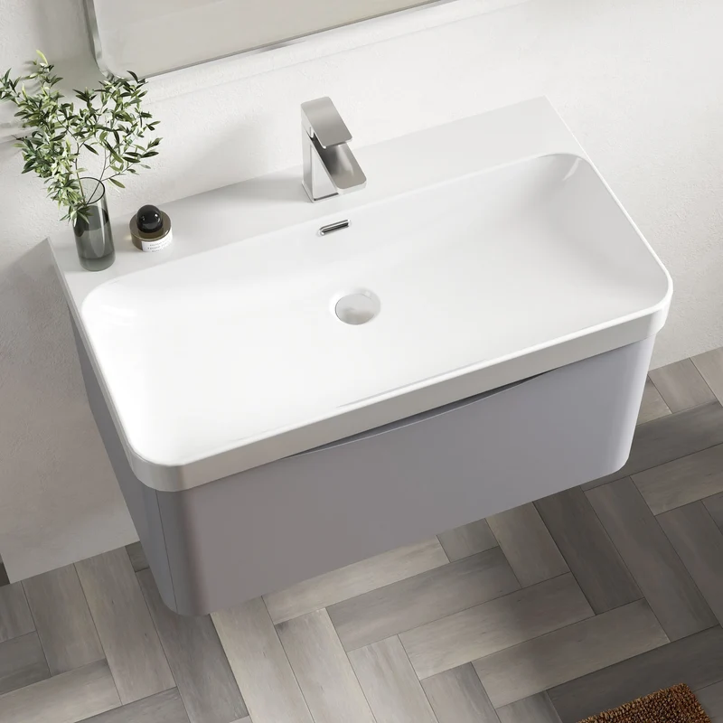 Lunar 800mm Wall Hung 1 Drawer Vanity & Thin Edge Ceramic Basin - Grey Satin