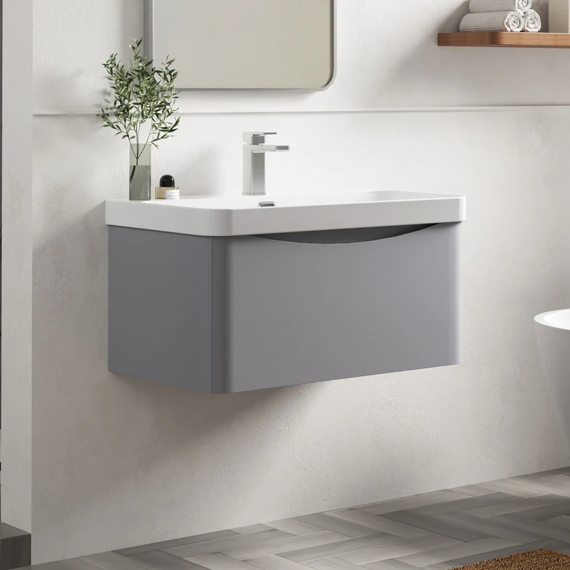 Lunar 800mm Wall Hung 1 Drawer Vanity & Thin Edge Ceramic Basin - Grey Satin