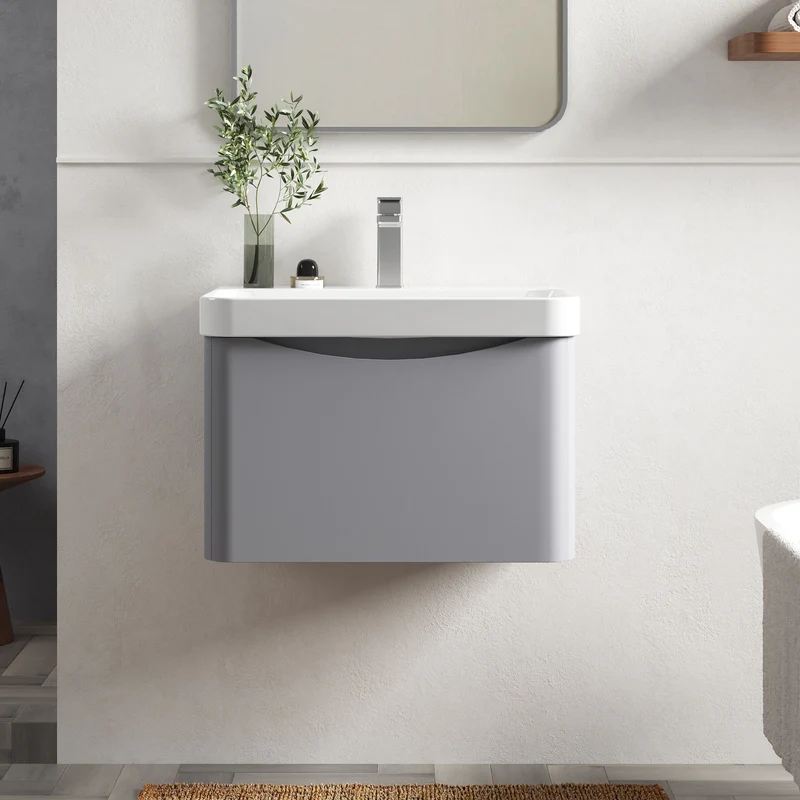 Lunar 600mm Wall Hung 1 Drawer Vanity & Thin Edge Ceramic Basin - Grey Satin