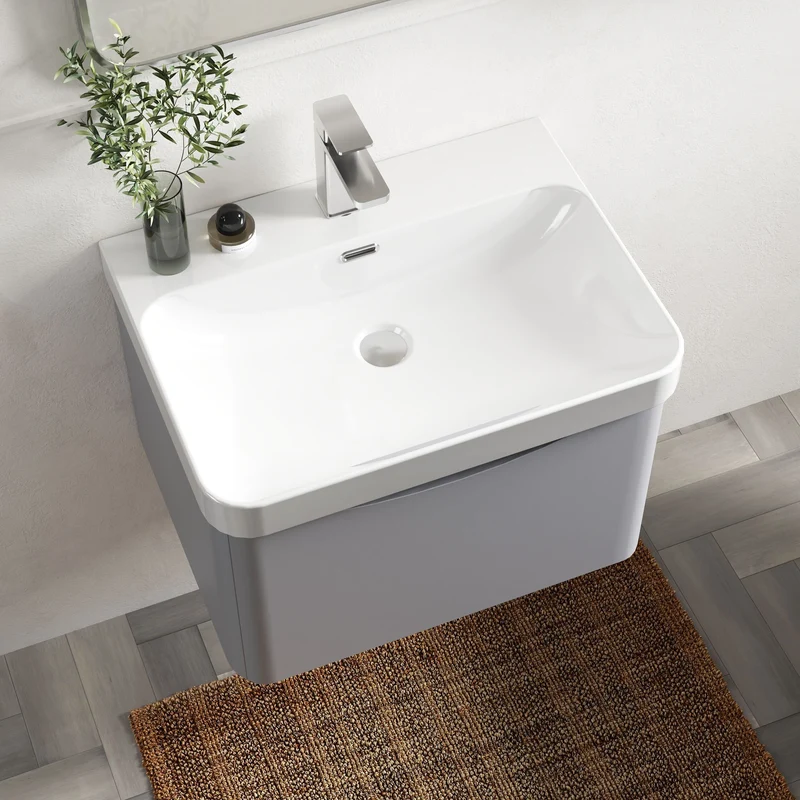 Lunar 600mm Wall Hung 1 Drawer Vanity & Thin Edge Ceramic Basin - Grey Satin