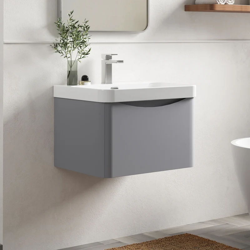 Lunar 600mm Wall Hung 1 Drawer Vanity & Thin Edge Ceramic Basin - Grey Satin