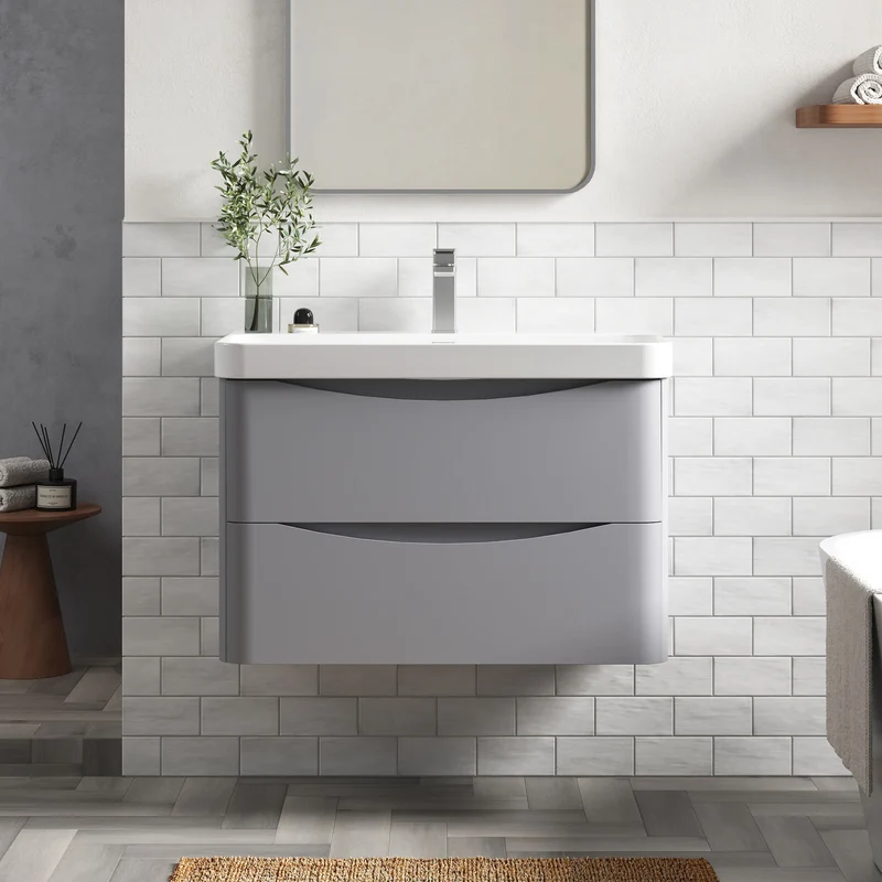Lunar 800mm Wall Hung 2 Drawer Vanity & Thin Edge Ceramic Basin - Grey Satin