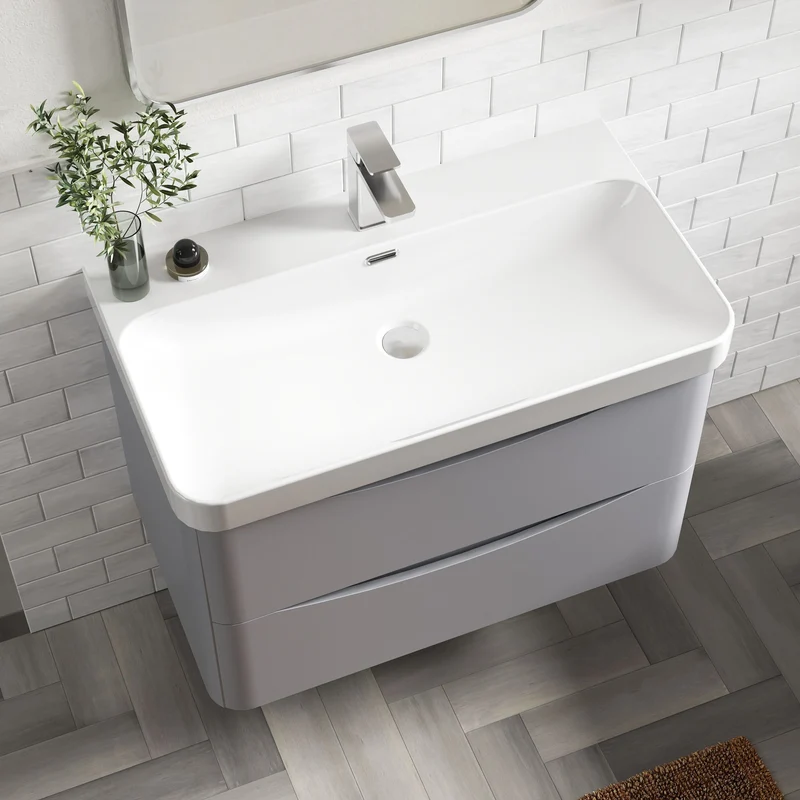 Lunar 800mm Wall Hung 2 Drawer Vanity & Thin Edge Ceramic Basin - Grey Satin
