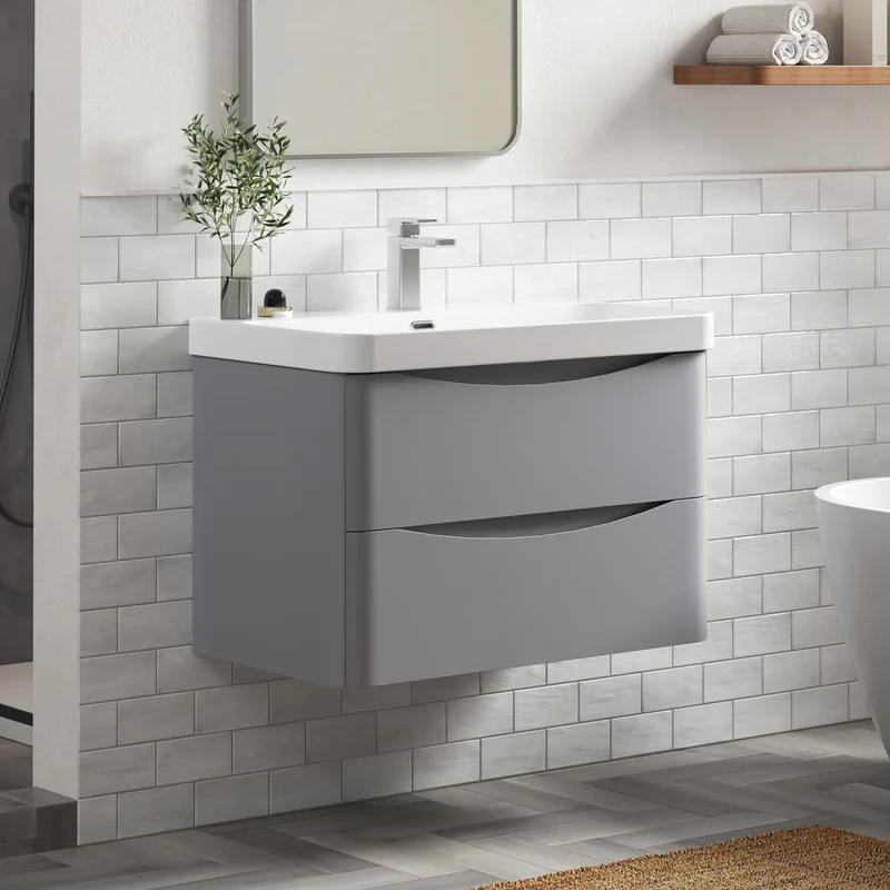 Lunar 800mm Wall Hung 2 Drawer Vanity & Thin Edge Ceramic Basin - Grey Satin