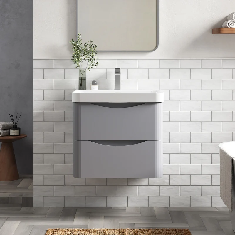 Lunar 600mm Wall Hung 2 Drawer Vanity & Thin Edge Ceramic Basin - Grey Satin