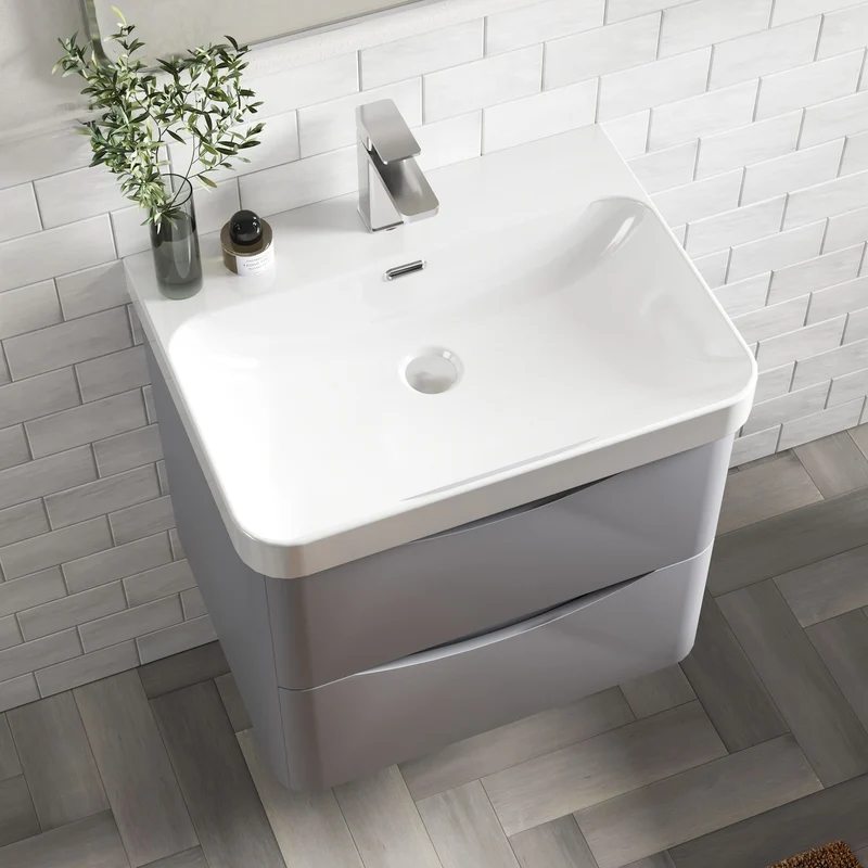 Lunar 600mm Wall Hung 2 Drawer Vanity & Thin Edge Ceramic Basin - Grey Satin