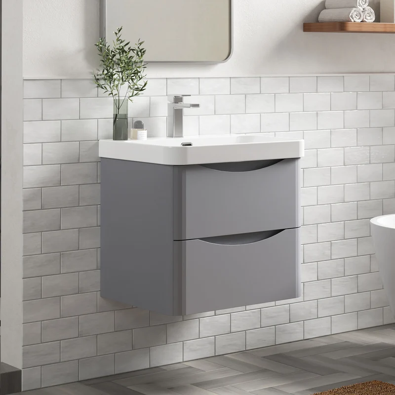 Lunar 600mm Wall Hung 2 Drawer Vanity & Thin Edge Ceramic Basin - Grey Satin
