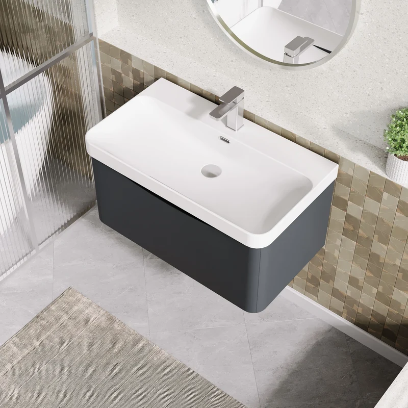 Lunar 800mm Wall Hung 1 Drawer Vanity & Thin Edge Ceramic Basin - Soft Black Satin