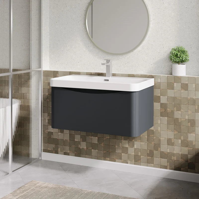 Lunar 800mm Wall Hung 1 Drawer Vanity & Thin Edge Ceramic Basin - Soft Black Satin