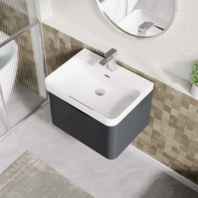 Lunar 600mm Wall Hung 1 Drawer Vanity & Thin Edge Ceramic Basin - Soft Black Satin