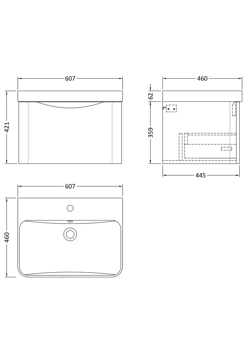Lunar 600mm Wall Hung 1 Drawer Vanity & Thin Edge Ceramic Basin - Soft Black Satin