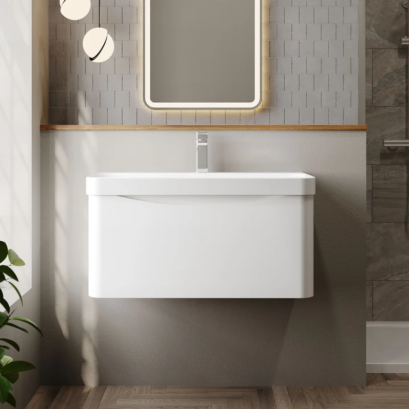 Lunar 800mm Wall Hung 1 Drawer Vanity & Thin Edge Ceramic Basin - White Satin