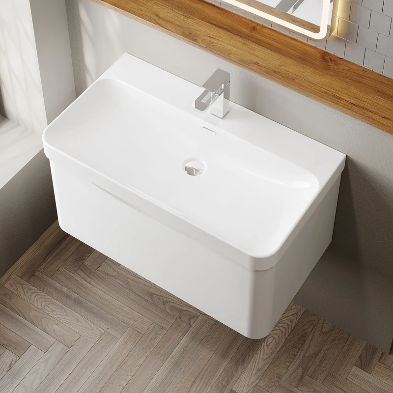 Lunar 800mm Wall Hung 1 Drawer Vanity & Thin Edge Ceramic Basin - White Satin