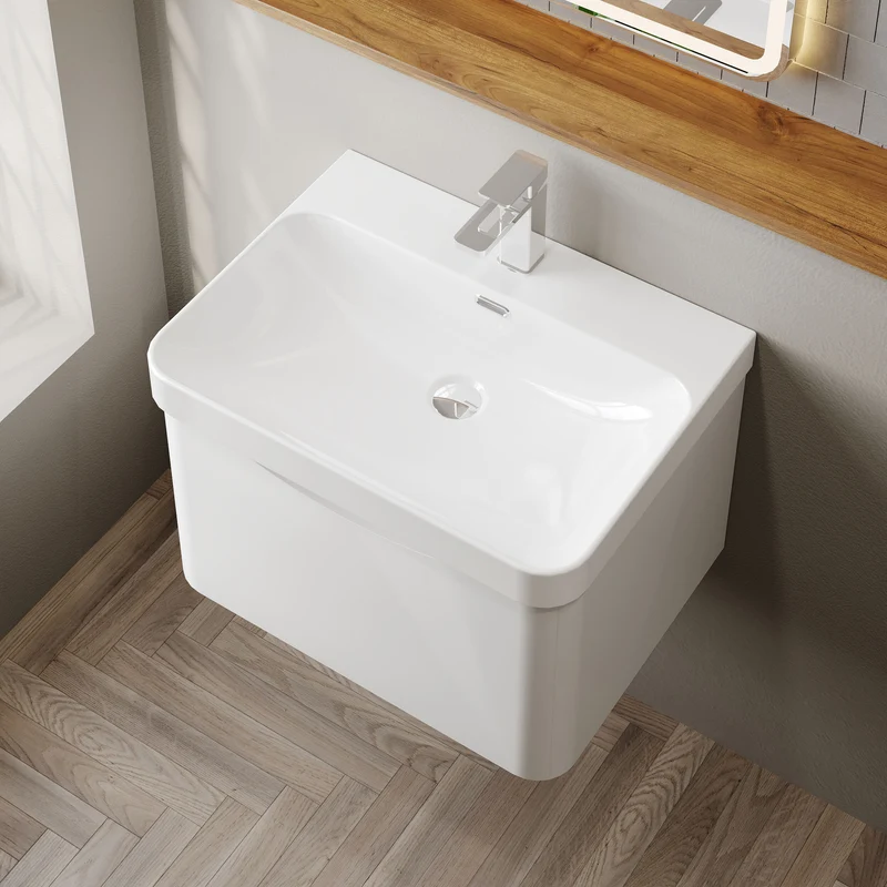 Lunar 600mm Wall Hung 1 Drawer Vanity & Thin Edge Ceramic Basin - White Satin